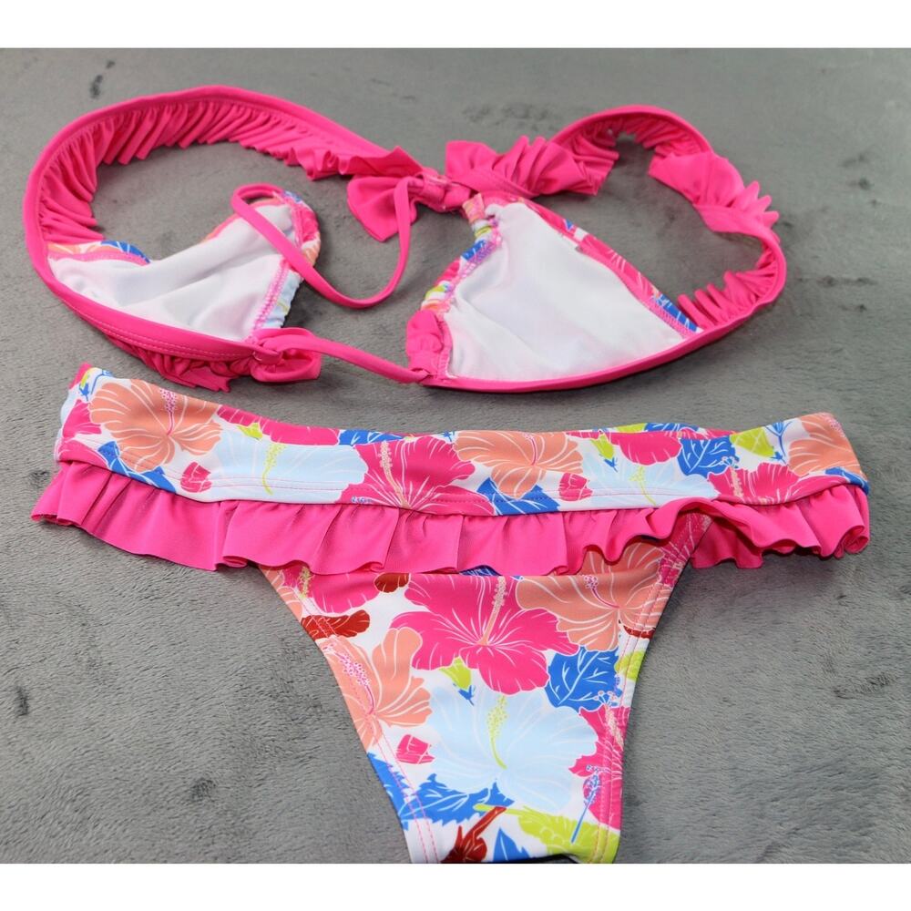 Womens Floral Ruffle Bikini Set Size Medium Pink Tropical Two Piece Swimsuit